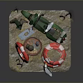 3D Scene Featuring Green Scooter Rusty Oil Drum Red White Lifebuoy Grass And Penguin