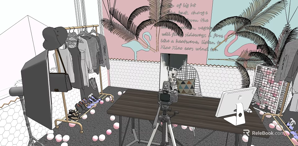 Modern Public Office Space With Pink Walls Flamingo Decor Palm Leaves And Tripod Camera 3d model 