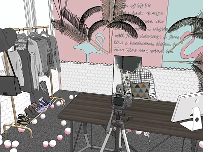 Modern Public Office Space With Pink Walls Flamingo Decor Palm Leaves And Tripod Camera 3d model