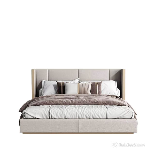 Elegant Modern Double Bed With Padded Headboard Stylish Pillows And Soft Bedding 3d model 