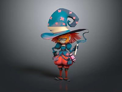 Cartoon Fantasy Witch Character With Blue Hat Pink Stars Red Hair Glasses Holding Magic Wand 3d model