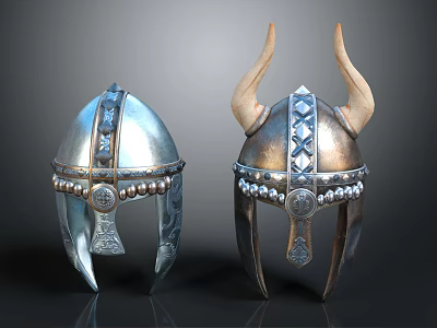 Ancient Viking Warrior Helmets With Horned And Decorative Metal Details 3d model