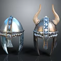 Ancient Viking Warrior Helmets With Horned And Decorative Metal Details