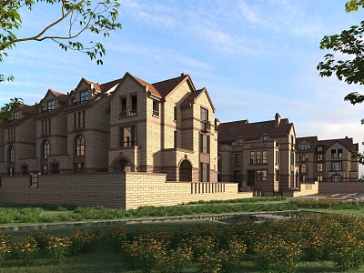 Terraced Townhouses Featuring Brick Exterior Gabled Roofs Landscaped Gardens Green Lawns And Flower Beds 3d model