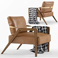 Brown Leather Accent Chair With Wooden Arms Golden Accents And Plaid Blanket