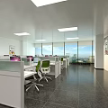 Public Office Area Featuring Cubicles Green Chairs Computers Large Windows And Ceiling Lights 3d model
