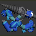 Blue Armored Robot Game Character in Dynamic Battle Stance with Drill Weapon