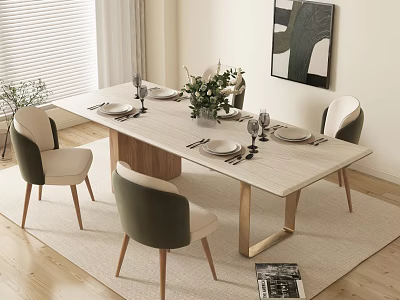 Modern Dining Table Set With Rectangular Wooden Top Upholstered Beige Green Chairs And Abstract Art 3d model