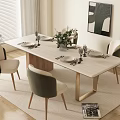 Modern Dining Table Set With Rectangular Wooden Top Upholstered Beige Green Chairs And Abstract Art
