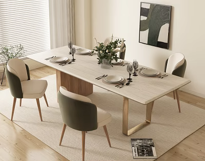 Modern Dining Table Set With Rectangular Wooden Top Upholstered Beige Green Chairs And Abstract Art 3d model