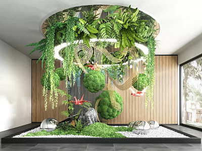 Lush Indoor Landscape With Hanging Greenery Circular Ceiling Decor Stones And Pebbles 3d model