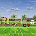 Rural Farm Landscape With Lush Grass Green Trees People Tractor And Wooden Structures