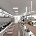 Commercial Restaurant Kitchen With Chefs Working Stainless Steel Appliances Storage Cabinets And Bright Lighting
