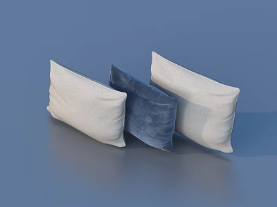Three Decorative Pillows White and Blue Soft Textured Arranged Together on Blue Background 3d model