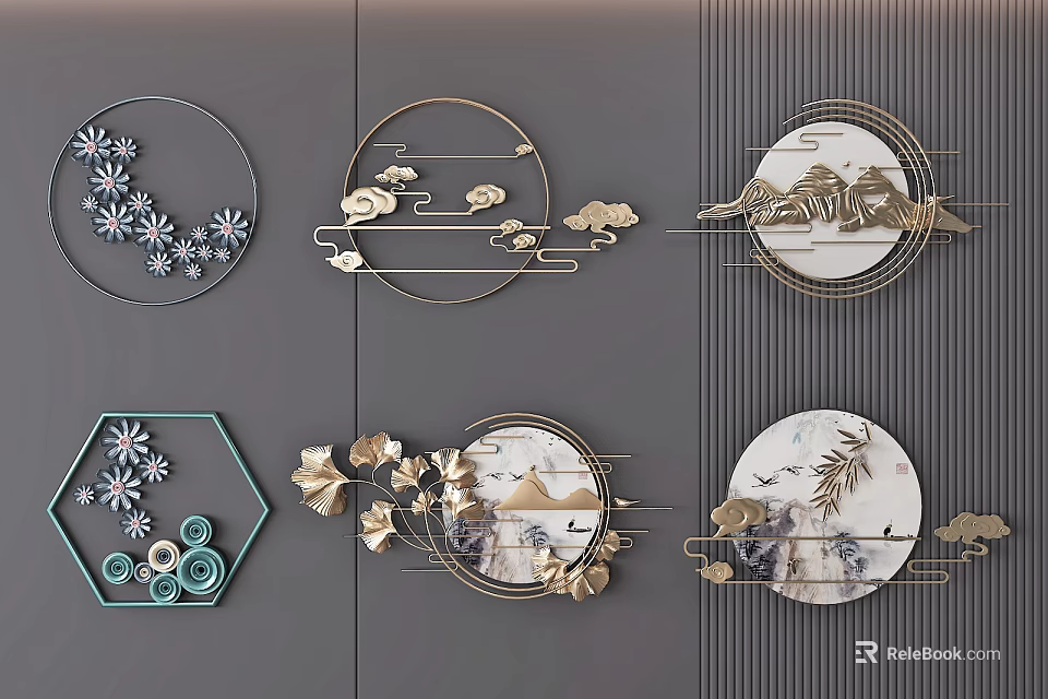 Chinese Style Wall Decor With Circular Hexagonal Frames Cloud Mountain Floral Motifs 3d model