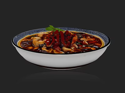 Spicy Chinese Sichuan Dish with Tender Meat Mushrooms and Red Chilies in Ceramic Bowl with Green Garnish 3d model