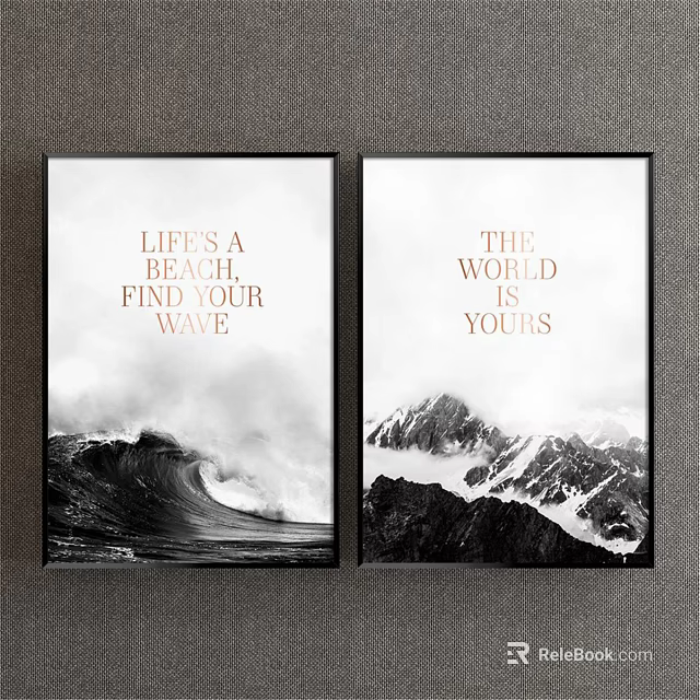 Two Framed Landscape Paintings With Ocean Wave And Snowy Mountain Scenes 3d model 