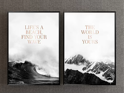 Two Framed Landscape Paintings With Ocean Wave And Snowy Mountain Scenes 3d model
