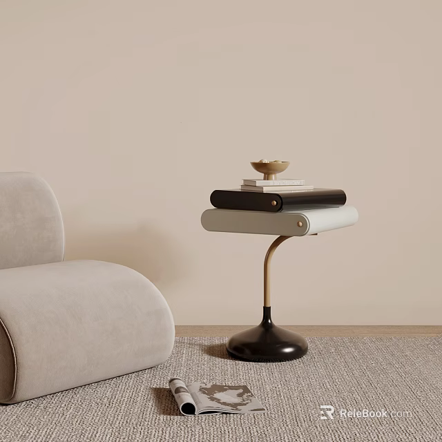 Modern Side Table with Light Gray Sofa in Living Room Featuring Stacked Books and Tray 3d model 