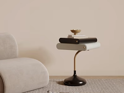 Modern Side Table with Light Gray Sofa in Living Room Featuring Stacked Books and Tray 3d model