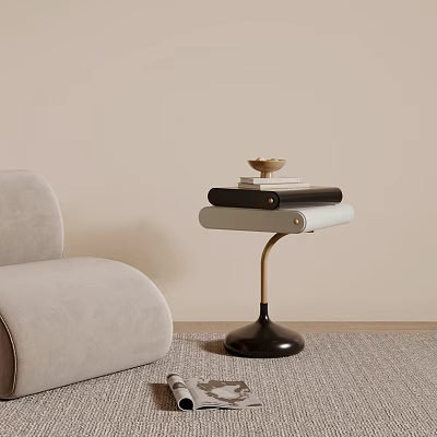 Modern Side Table with Light Gray Sofa in Living Room Featuring Stacked Books and Tray 3d model