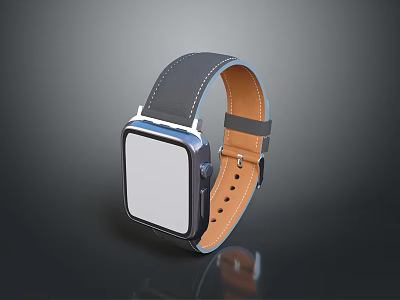Stylish Square Dial Wrist Watch With Black Brown Leather Strap And White Screen 3d model