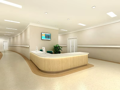 Modern Hospital Reception Area Featuring Wooden Desk TV Screen Light Walls And Plant 3d model