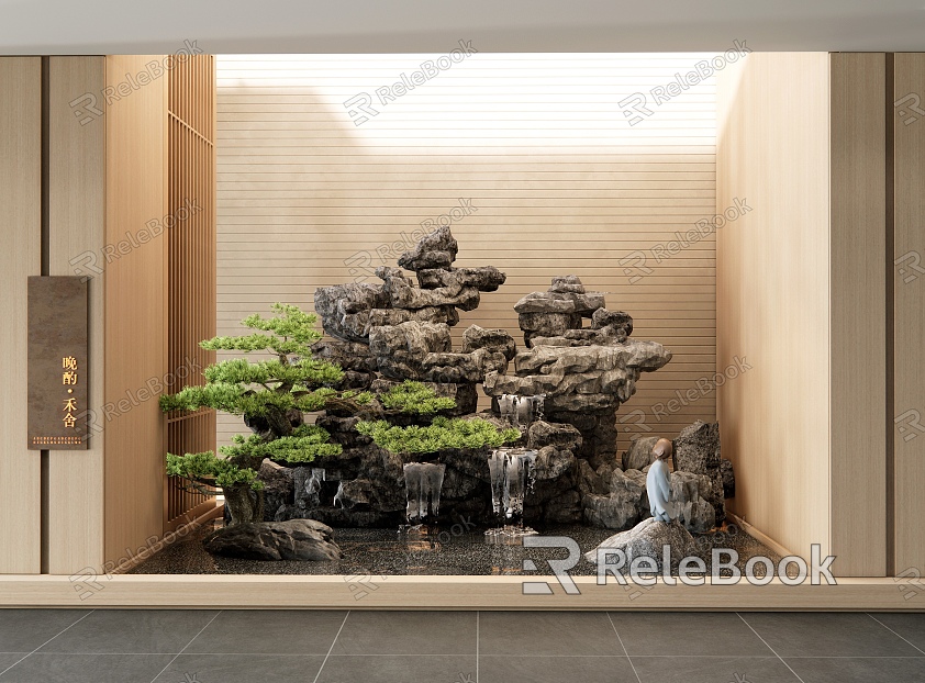 New Chinese-style rockery waterscape waterscape waterfall landscape indoor landscape landscaping courtyard sketches entrance porch landscaping pine trees model