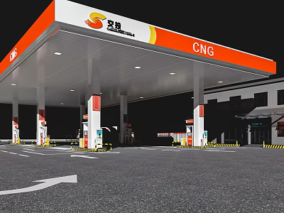 XDB CNG Gas Station Night View With Orange White Canopy And Fuel Dispensers 3d model