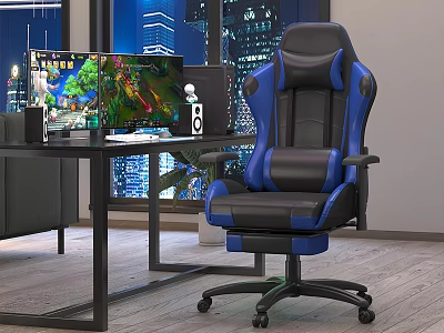 Black and Blue Leather Gaming Office Chair with Computer Monitor in City Night View Setting 3d model