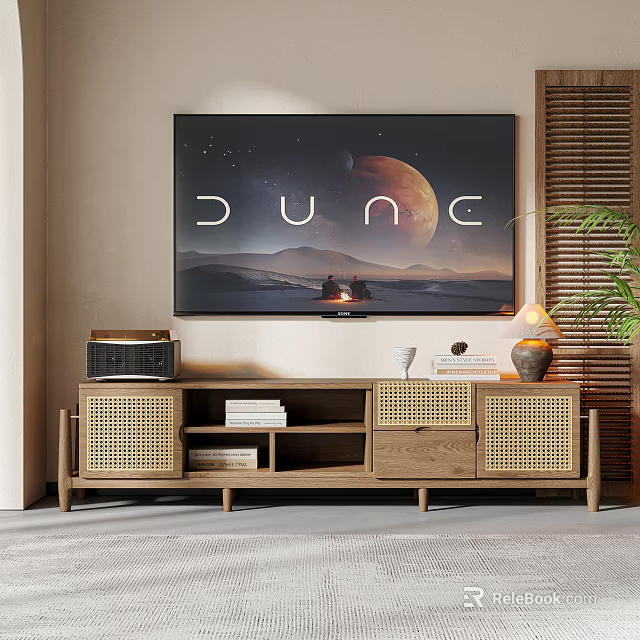 Wooden TV Stand With Rattan Doors Storage Shelves And TV Display In Modern Living Room 3d model 