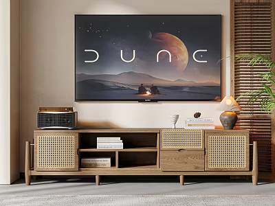 Wooden TV Stand With Rattan Doors Storage Shelves And TV Display In Modern Living Room 3d model