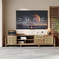 Wooden TV Stand With Rattan Doors Storage Shelves And TV Display In Modern Living Room