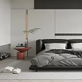 Modern Minimalist Bedroom Interior With Black Large Bed Floor Lamp Bookshelf And Green Plant