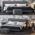Modern Double Bed With Gray Headboard Black White Checkered Quilt White Pillows Stool And Lamp