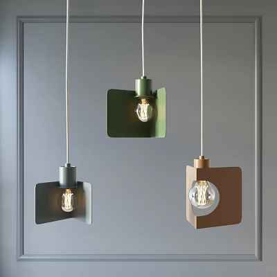 Modern Minimalist Pendant Lights With Square Shades Green Gray And Brown Exposed Bulbs 3d model