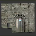 Scenic Stone Wall Architecture With Arched Wooden Door Small Platform Gravel Ground And Green Grass