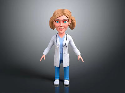 Cartoon Style 3D Modeled Game Movie Doctor Character With Blonde Pigtails Stethoscope White Coat 3d model