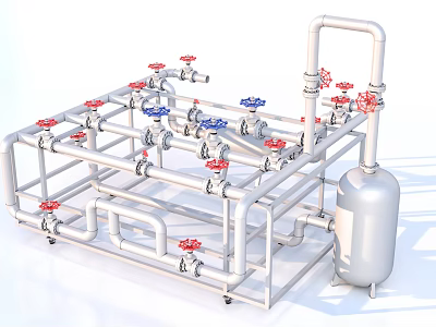 Industrial Equipment Piping System With Red Blue Valves And Storage Tank 3d model