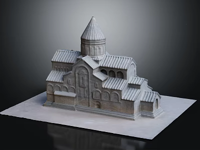 Cartoon Scene Featuring Church Model With Spire Arched Windows And Tile Roof On White Platform 3d model