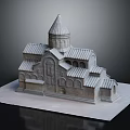 Cartoon Scene Featuring Church Model With Spire Arched Windows And Tile Roof On White Platform