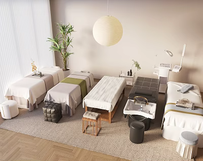 Massage Beds In Modern Spa Room With Plants Hanging Lantern Stools And Equipment 3d model