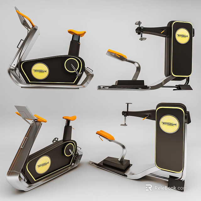 High Quality PROSPIN Stationary Bikes With Black Yellow Design And Orange Seats 3d model 