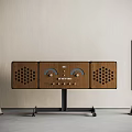 Retro Wooden Sound System With Main Control Panel And Two Standing Speakers On Metal Stand