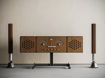 Retro Wooden Sound System With Main Control Panel And Two Standing Speakers On Metal Stand 3d model