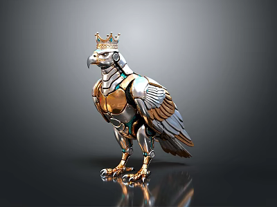 Crowned Royal Eagle With Mechanical Metallic Golden Silver Body And Detailed Design 3d model