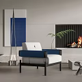 Modern Blue And White Single Sofa With Fireplace Plant And Painting In Modern Living Room