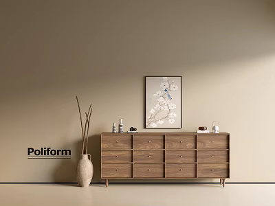 Poliform Modern Wooden Console Cabinet with Decorative Painting Small Ornaments and Vase in Entryway 3d model