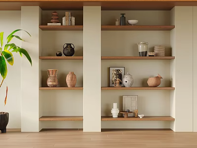 Wooden Bookcase In Natural Style With Decorative Clay Pots Vases Picture Frame And Ornaments 3d model