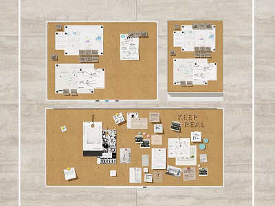 Decorative Cork Board With Various Notes Photos And Stickers On Wall 3d model
